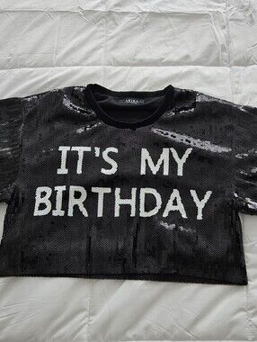 AKIRA Black Sequin "It's My Birthday" Tee